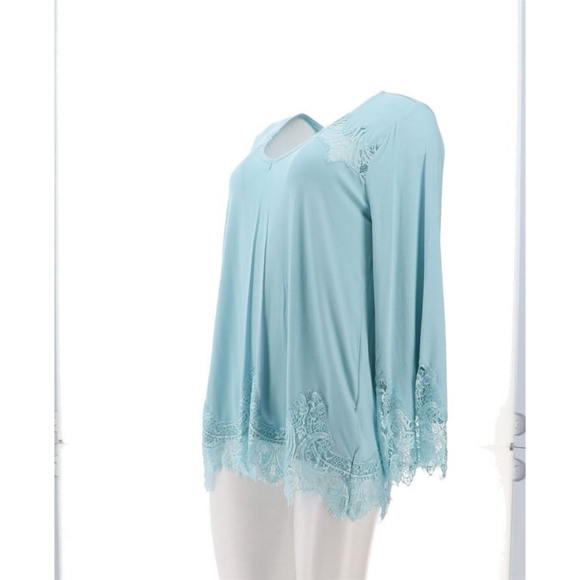 Colleen Lopez Long Bell Sleeve Lace Inset Porcelain Blue XL Blouse - Picture 7 of 13